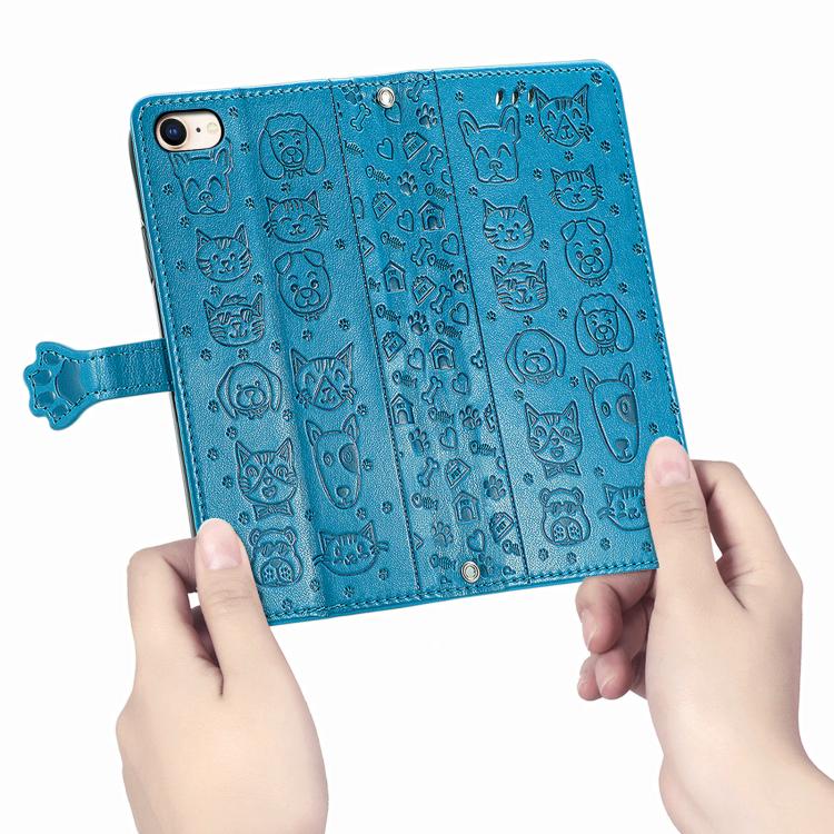 For iPhone 16e Cat and Dog Embossed Leather Phone Case(Blue) - iPhone 16e Cases by buy2fix | Online Shopping UK | buy2fix