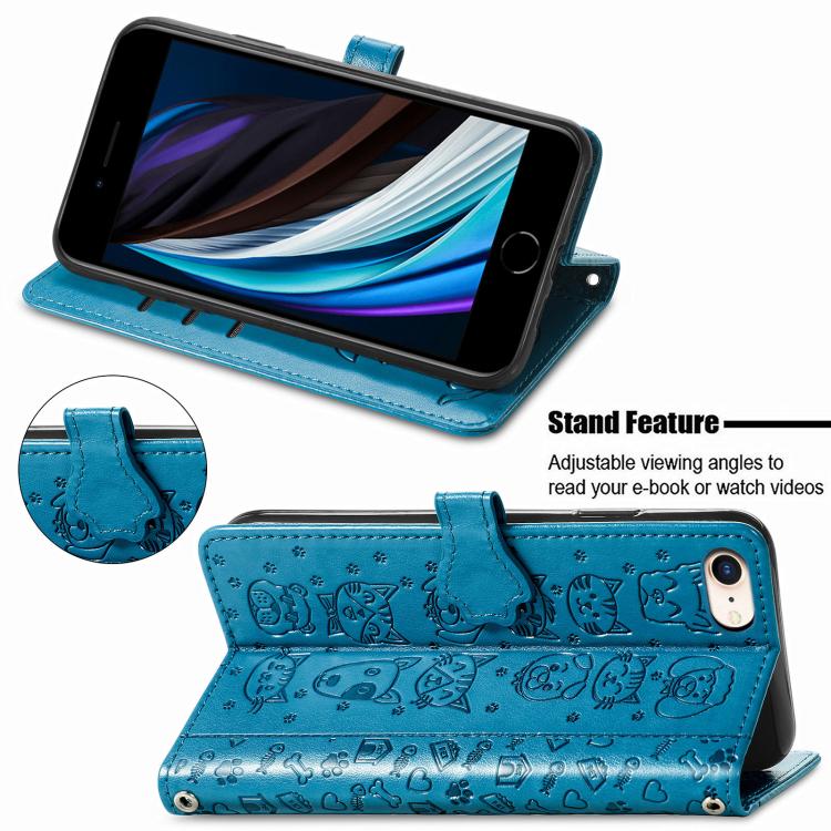 For iPhone 16e Cat and Dog Embossed Leather Phone Case(Blue) - iPhone 16e Cases by buy2fix | Online Shopping UK | buy2fix