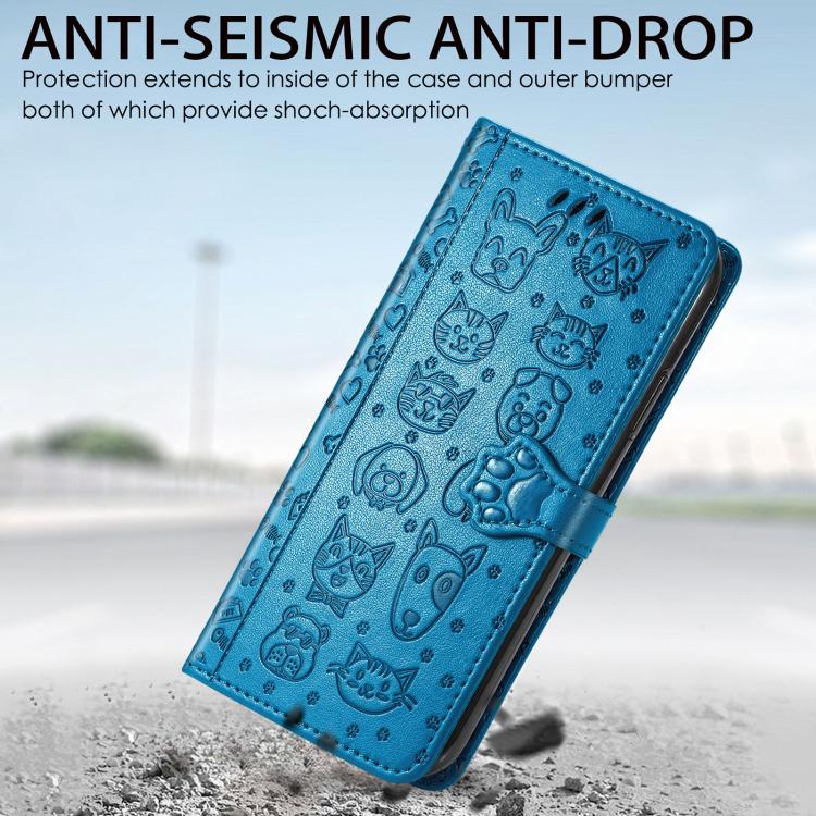 For iPhone 16e Cat and Dog Embossed Leather Phone Case(Blue) - iPhone 16e Cases by buy2fix | Online Shopping UK | buy2fix