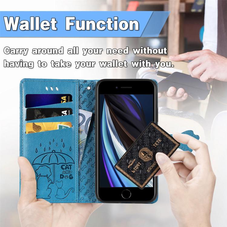 For iPhone 16e Cat and Dog Embossed Leather Phone Case(Blue) - iPhone 16e Cases by buy2fix | Online Shopping UK | buy2fix