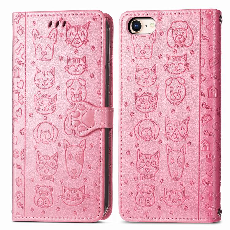 For iPhone 16e Cat and Dog Embossed Leather Phone Case(Pink) - iPhone 16e Cases by buy2fix | Online Shopping UK | buy2fix