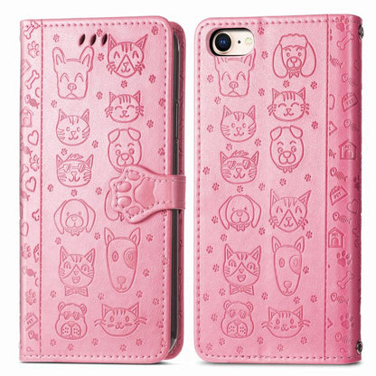 For iPhone 16e Cat and Dog Embossed Leather Phone Case(Pink) - iPhone 16e Cases by buy2fix | Online Shopping UK | buy2fix