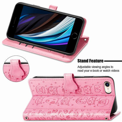 For iPhone 16e Cat and Dog Embossed Leather Phone Case(Pink) - iPhone 16e Cases by buy2fix | Online Shopping UK | buy2fix