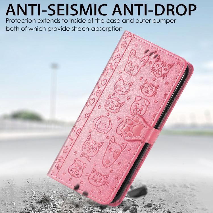 For iPhone 16e Cat and Dog Embossed Leather Phone Case(Pink) - iPhone 16e Cases by buy2fix | Online Shopping UK | buy2fix