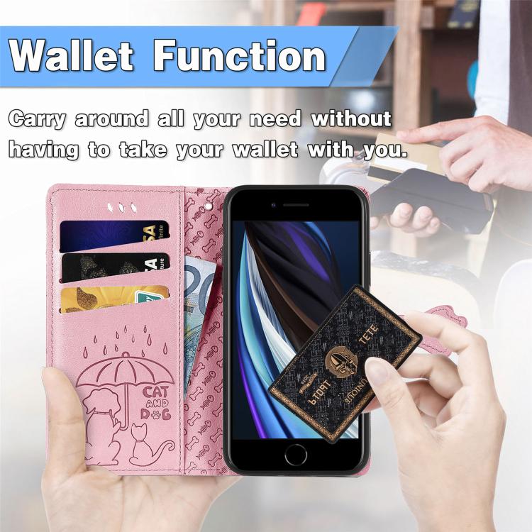For iPhone 16e Cat and Dog Embossed Leather Phone Case(Pink) - iPhone 16e Cases by buy2fix | Online Shopping UK | buy2fix