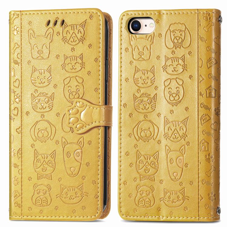 For iPhone 16e Cat and Dog Embossed Leather Phone Case(Yellow) - iPhone 16e Cases by buy2fix | Online Shopping UK | buy2fix
