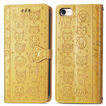 For iPhone 16e Cat and Dog Embossed Leather Phone Case(Yellow) - iPhone 16e Cases by buy2fix | Online Shopping UK | buy2fix
