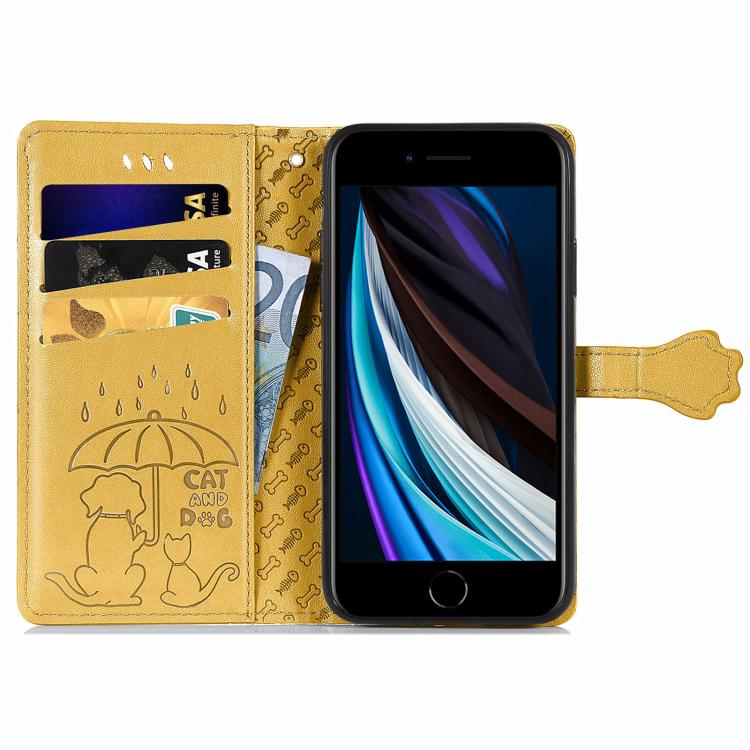 For iPhone 16e Cat and Dog Embossed Leather Phone Case(Yellow) - iPhone 16e Cases by buy2fix | Online Shopping UK | buy2fix