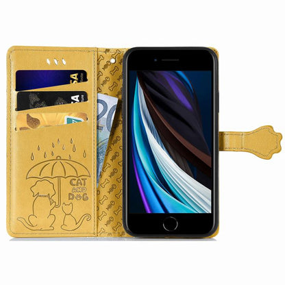 For iPhone 16e Cat and Dog Embossed Leather Phone Case(Yellow) - iPhone 16e Cases by buy2fix | Online Shopping UK | buy2fix