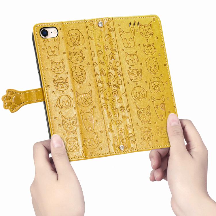 For iPhone 16e Cat and Dog Embossed Leather Phone Case(Yellow) - iPhone 16e Cases by buy2fix | Online Shopping UK | buy2fix