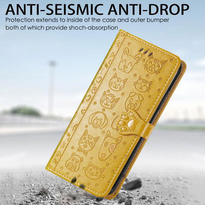 For iPhone 16e Cat and Dog Embossed Leather Phone Case(Yellow) - iPhone 16e Cases by buy2fix | Online Shopping UK | buy2fix