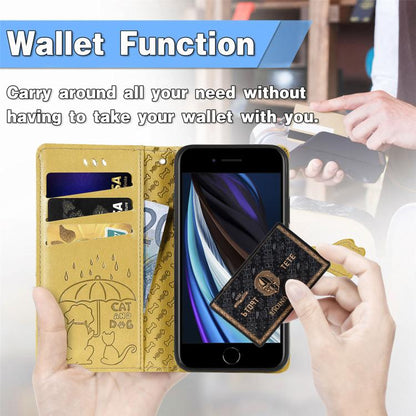 For iPhone 16e Cat and Dog Embossed Leather Phone Case(Yellow) - iPhone 16e Cases by buy2fix | Online Shopping UK | buy2fix