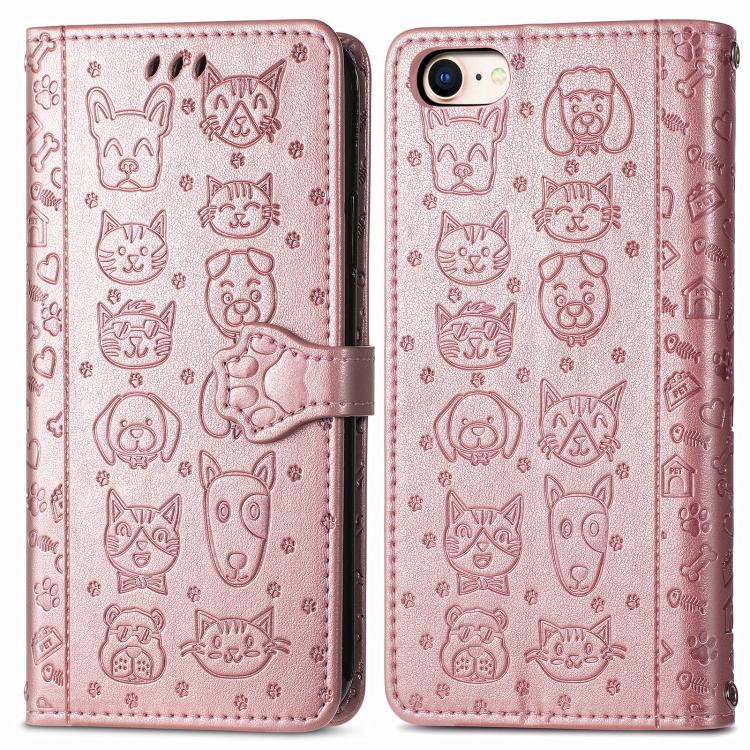 For iPhone 16e Cat and Dog Embossed Leather Phone Case(Rose Gold) - iPhone 16e Cases by buy2fix | Online Shopping UK | buy2fix
