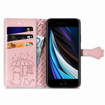For iPhone 16e Cat and Dog Embossed Leather Phone Case(Rose Gold) - iPhone 16e Cases by buy2fix | Online Shopping UK | buy2fix