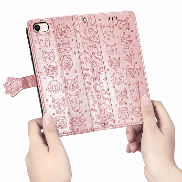 For iPhone 16e Cat and Dog Embossed Leather Phone Case(Rose Gold) - iPhone 16e Cases by buy2fix | Online Shopping UK | buy2fix