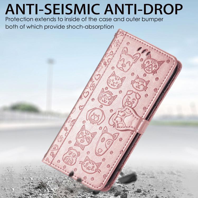 For iPhone 16e Cat and Dog Embossed Leather Phone Case(Rose Gold) - iPhone 16e Cases by buy2fix | Online Shopping UK | buy2fix