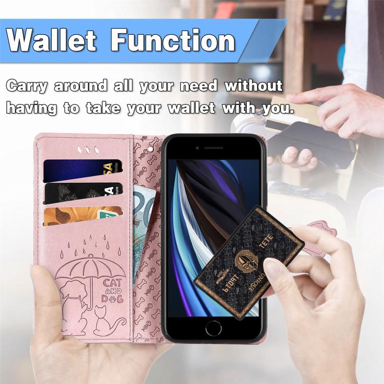 For iPhone 16e Cat and Dog Embossed Leather Phone Case(Rose Gold) - iPhone 16e Cases by buy2fix | Online Shopping UK | buy2fix