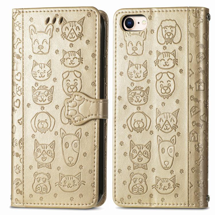 For iPhone 16e Cat and Dog Embossed Leather Phone Case(Gold) - iPhone 16e Cases by buy2fix | Online Shopping UK | buy2fix