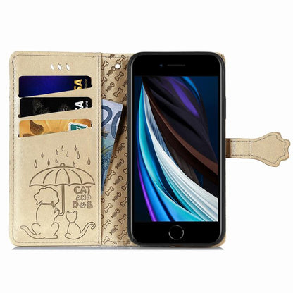 For iPhone 16e Cat and Dog Embossed Leather Phone Case(Gold) - iPhone 16e Cases by buy2fix | Online Shopping UK | buy2fix