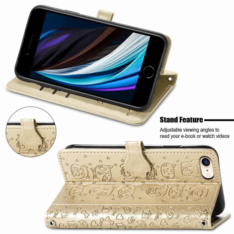 For iPhone 16e Cat and Dog Embossed Leather Phone Case(Gold) - iPhone 16e Cases by buy2fix | Online Shopping UK | buy2fix