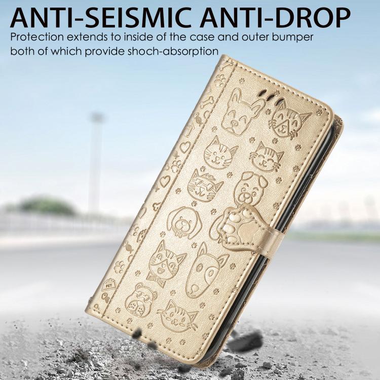 For iPhone 16e Cat and Dog Embossed Leather Phone Case(Gold) - iPhone 16e Cases by buy2fix | Online Shopping UK | buy2fix