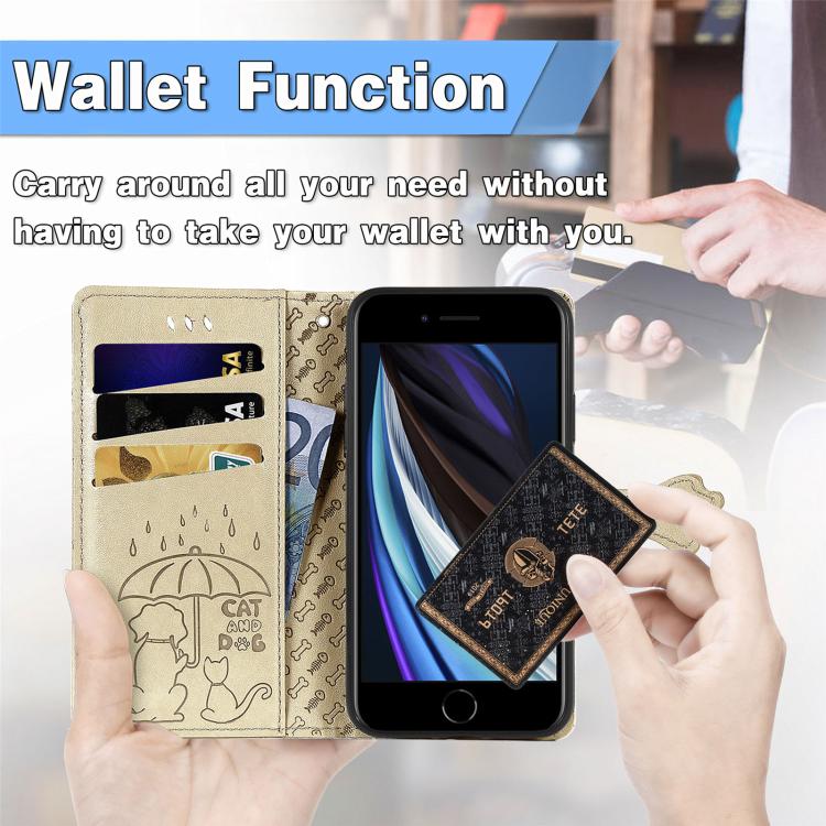 For iPhone 16e Cat and Dog Embossed Leather Phone Case(Gold) - iPhone 16e Cases by buy2fix | Online Shopping UK | buy2fix