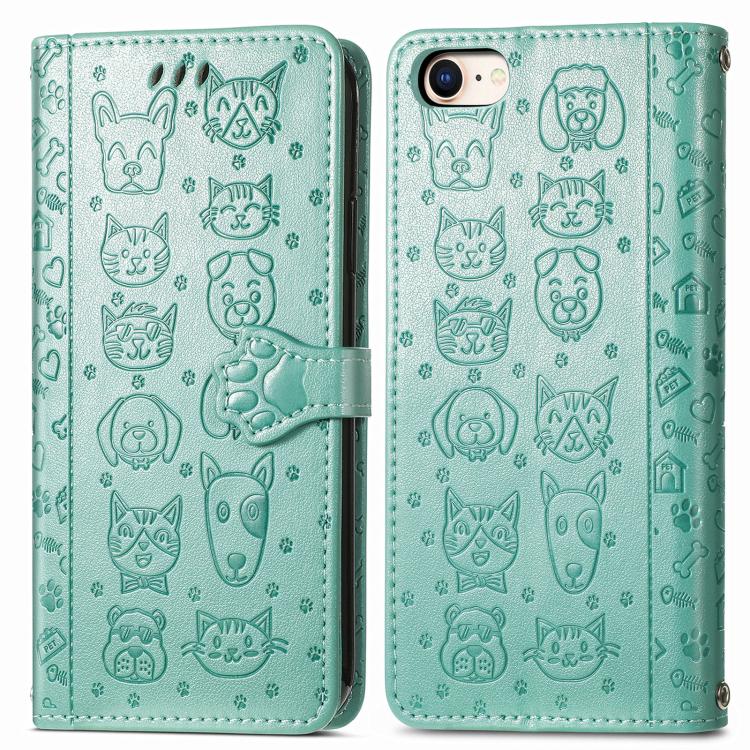 For iPhone 16e Cat and Dog Embossed Leather Phone Case(Green) - iPhone 16e Cases by buy2fix | Online Shopping UK | buy2fix