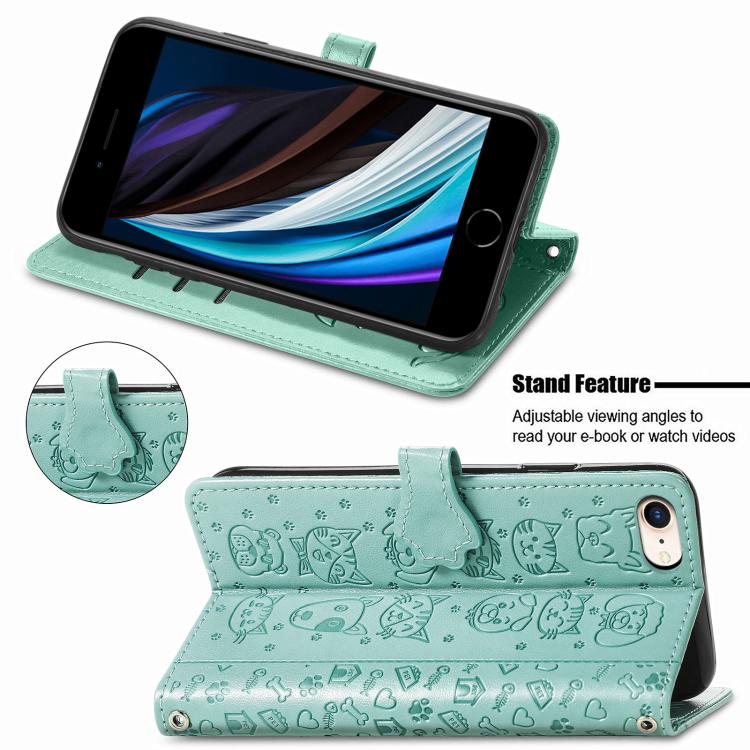 For iPhone 16e Cat and Dog Embossed Leather Phone Case(Green) - iPhone 16e Cases by buy2fix | Online Shopping UK | buy2fix