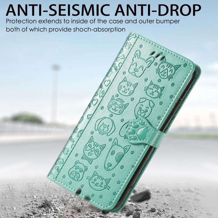 For iPhone 16e Cat and Dog Embossed Leather Phone Case(Green) - iPhone 16e Cases by buy2fix | Online Shopping UK | buy2fix