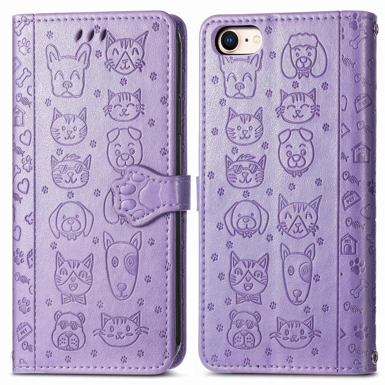 For iPhone 16e Cat and Dog Embossed Leather Phone Case(Purple) - iPhone 16e Cases by buy2fix | Online Shopping UK | buy2fix