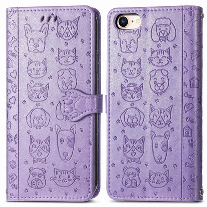 For iPhone 16e Cat and Dog Embossed Leather Phone Case(Purple) - iPhone 16e Cases by buy2fix | Online Shopping UK | buy2fix