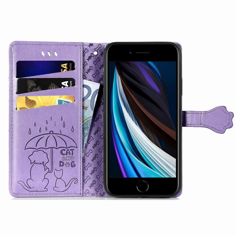 For iPhone 16e Cat and Dog Embossed Leather Phone Case(Purple) - iPhone 16e Cases by buy2fix | Online Shopping UK | buy2fix