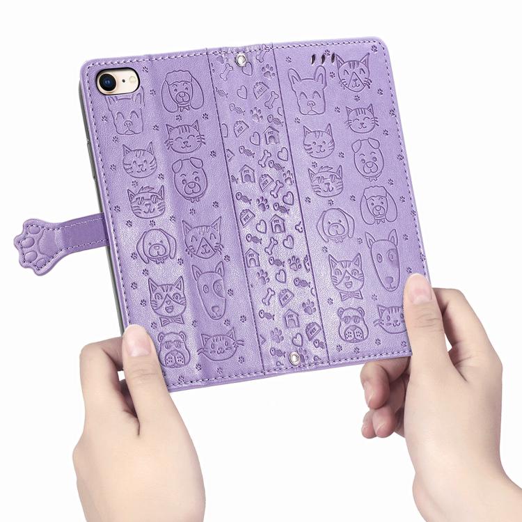For iPhone 16e Cat and Dog Embossed Leather Phone Case(Purple) - iPhone 16e Cases by buy2fix | Online Shopping UK | buy2fix