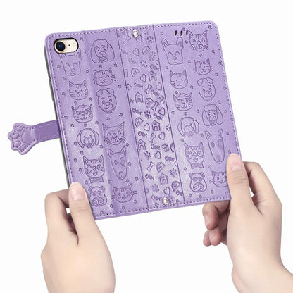 For iPhone 16e Cat and Dog Embossed Leather Phone Case(Purple) - iPhone 16e Cases by buy2fix | Online Shopping UK | buy2fix