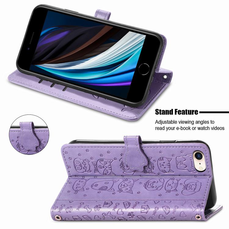 For iPhone 16e Cat and Dog Embossed Leather Phone Case(Purple) - iPhone 16e Cases by buy2fix | Online Shopping UK | buy2fix