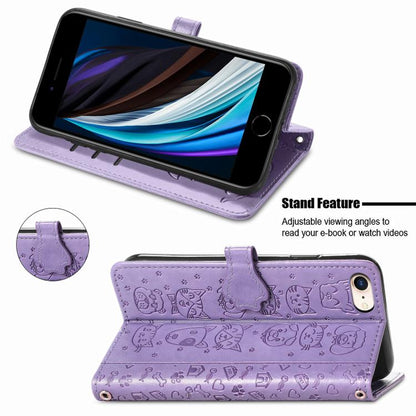 For iPhone 16e Cat and Dog Embossed Leather Phone Case(Purple) - iPhone 16e Cases by buy2fix | Online Shopping UK | buy2fix