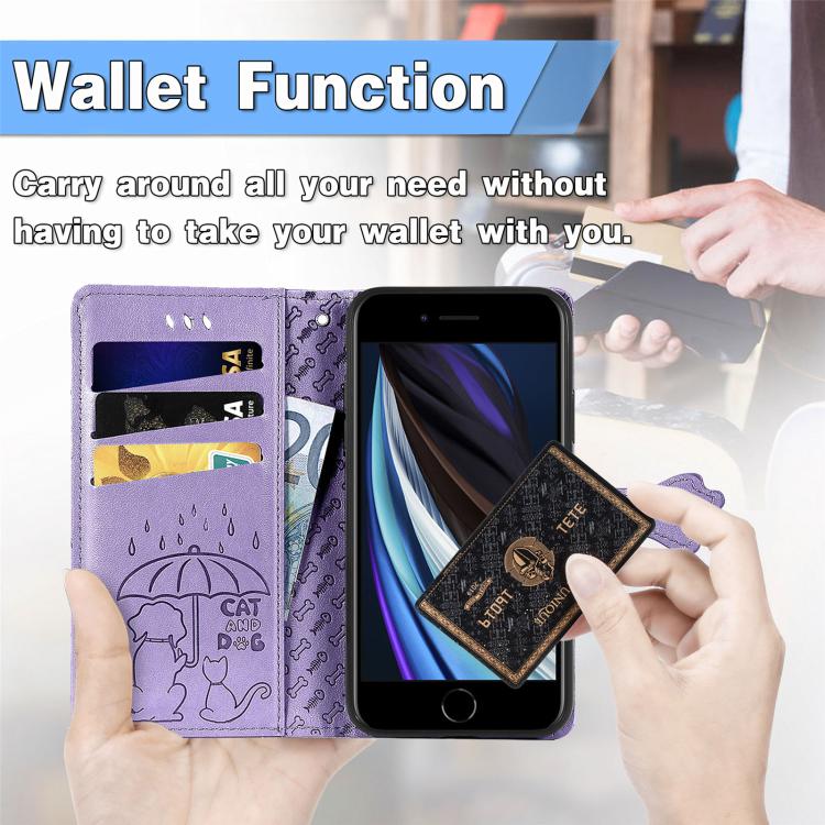 For iPhone 16e Cat and Dog Embossed Leather Phone Case(Purple) - iPhone 16e Cases by buy2fix | Online Shopping UK | buy2fix