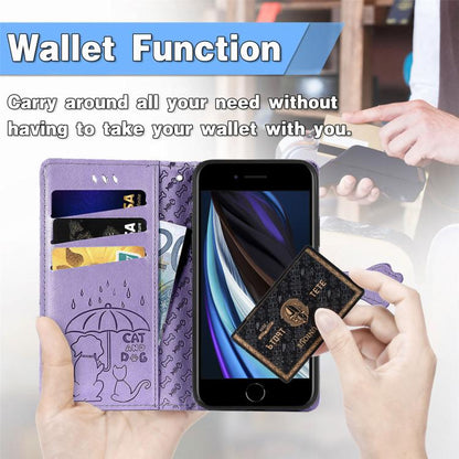 For iPhone 16e Cat and Dog Embossed Leather Phone Case(Purple) - iPhone 16e Cases by buy2fix | Online Shopping UK | buy2fix
