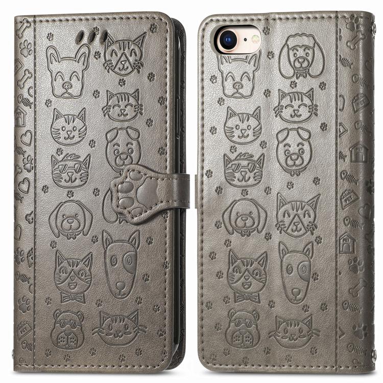 For iPhone 16e Cat and Dog Embossed Leather Phone Case(Gray) - iPhone 16e Cases by buy2fix | Online Shopping UK | buy2fix