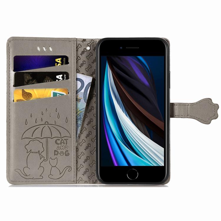 For iPhone 16e Cat and Dog Embossed Leather Phone Case(Gray) - iPhone 16e Cases by buy2fix | Online Shopping UK | buy2fix