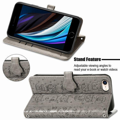 For iPhone 16e Cat and Dog Embossed Leather Phone Case(Gray) - iPhone 16e Cases by buy2fix | Online Shopping UK | buy2fix