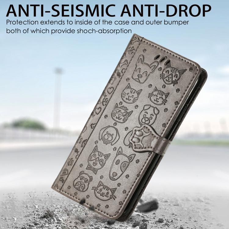 For iPhone 16e Cat and Dog Embossed Leather Phone Case(Gray) - iPhone 16e Cases by buy2fix | Online Shopping UK | buy2fix