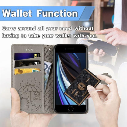 For iPhone 16e Cat and Dog Embossed Leather Phone Case(Gray) - iPhone 16e Cases by buy2fix | Online Shopping UK | buy2fix