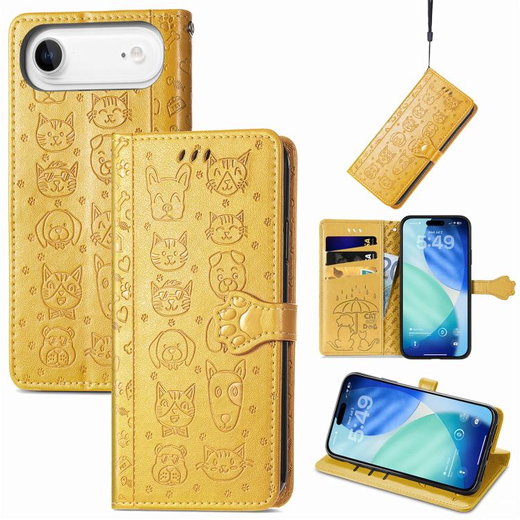 For iPhone Air Cat and Dog Embossed Leather Phone Case(Yellow) - iPhone Air Cases by buy2fix | Online Shopping UK | buy2fix