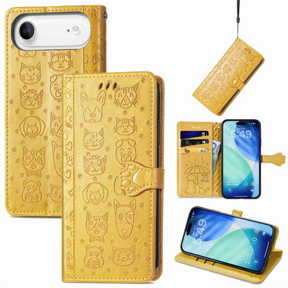 For iPhone Air Cat and Dog Embossed Leather Phone Case(Yellow) - iPhone Air Cases by buy2fix | Online Shopping UK | buy2fix