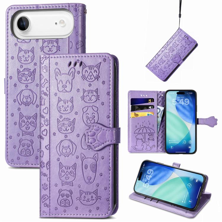 For iPhone Air Cat and Dog Embossed Leather Phone Case(Purple) - iPhone Air Cases by buy2fix | Online Shopping UK | buy2fix