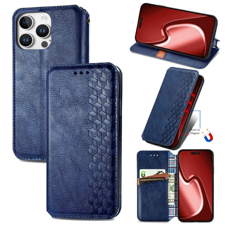 For iPhone 16 Pro Max Cubic Grid Pressed Magnetic Leather Phone Case(Blue) by buy2fix