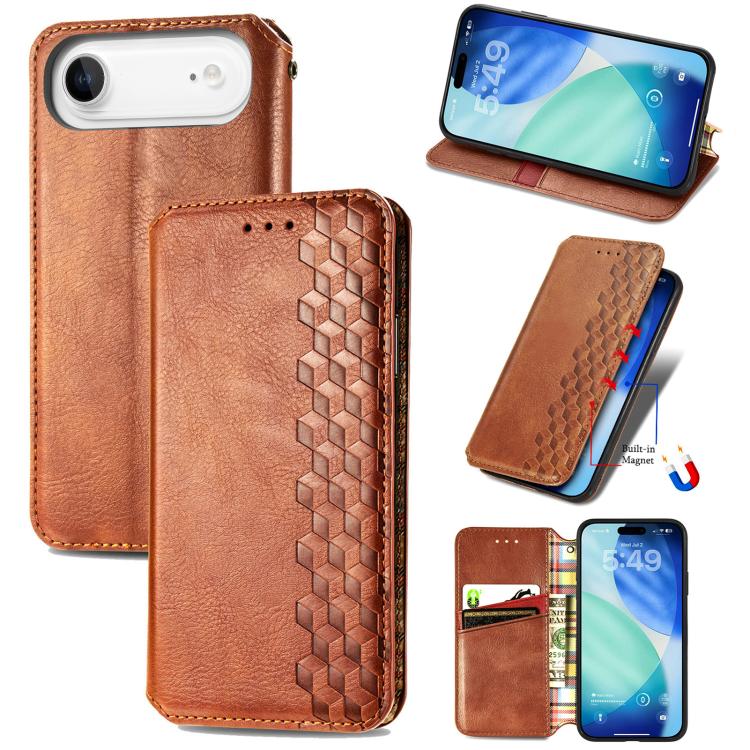 For iPhone Air Cubic Grid Pressed Magnetic Leather Phone Case(Brown) - iPhone Air Cases by buy2fix | Online Shopping UK | buy2fix
