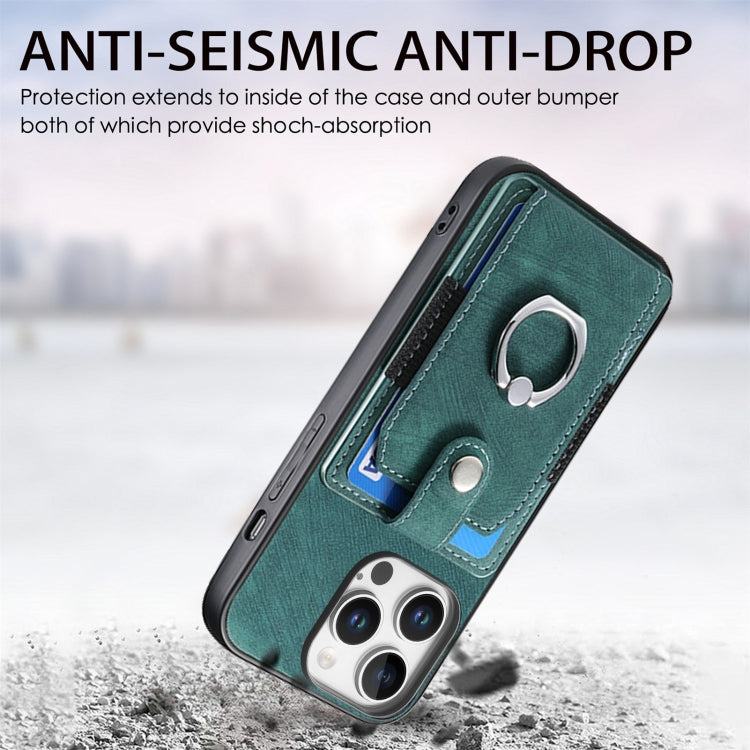 For iPhone 16 Pro Retro Skin-feel Ring Card Wallet Phone Case(Green) by buy2fix