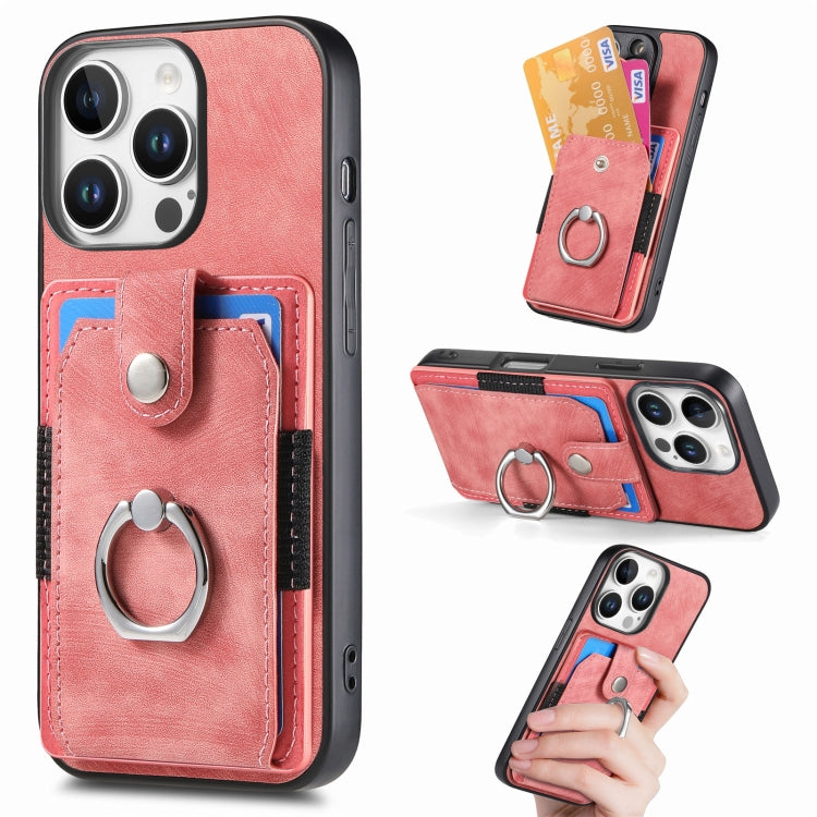 For iPhone 16 Pro Max Retro Skin-feel Ring Card Wallet Phone Case(Pink) by buy2fix